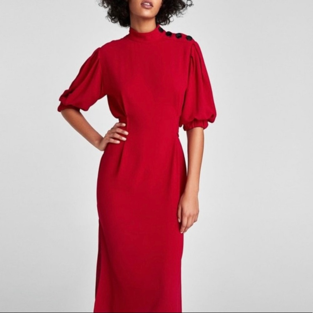 Zara Red midi dress with bottom on shoulder 💃